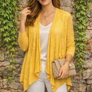 TORRID Mustard Open Crochet Waterfall Cardigan, 2X